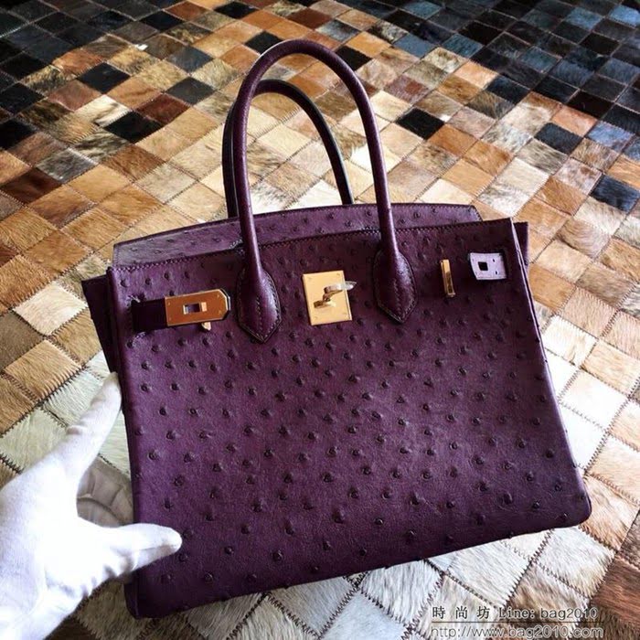 HERMES愛馬仕 鉑金包 Birkin 30 南非原產KK級鴕鳥皮 頂級工藝 紫色 手縫蠟線 手提包  Ama1232